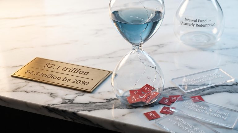 Cracked hourglass with trapped liquid beside a brass plaque reading $2.1 trillion illustrating private credit risk liquidity mismatch