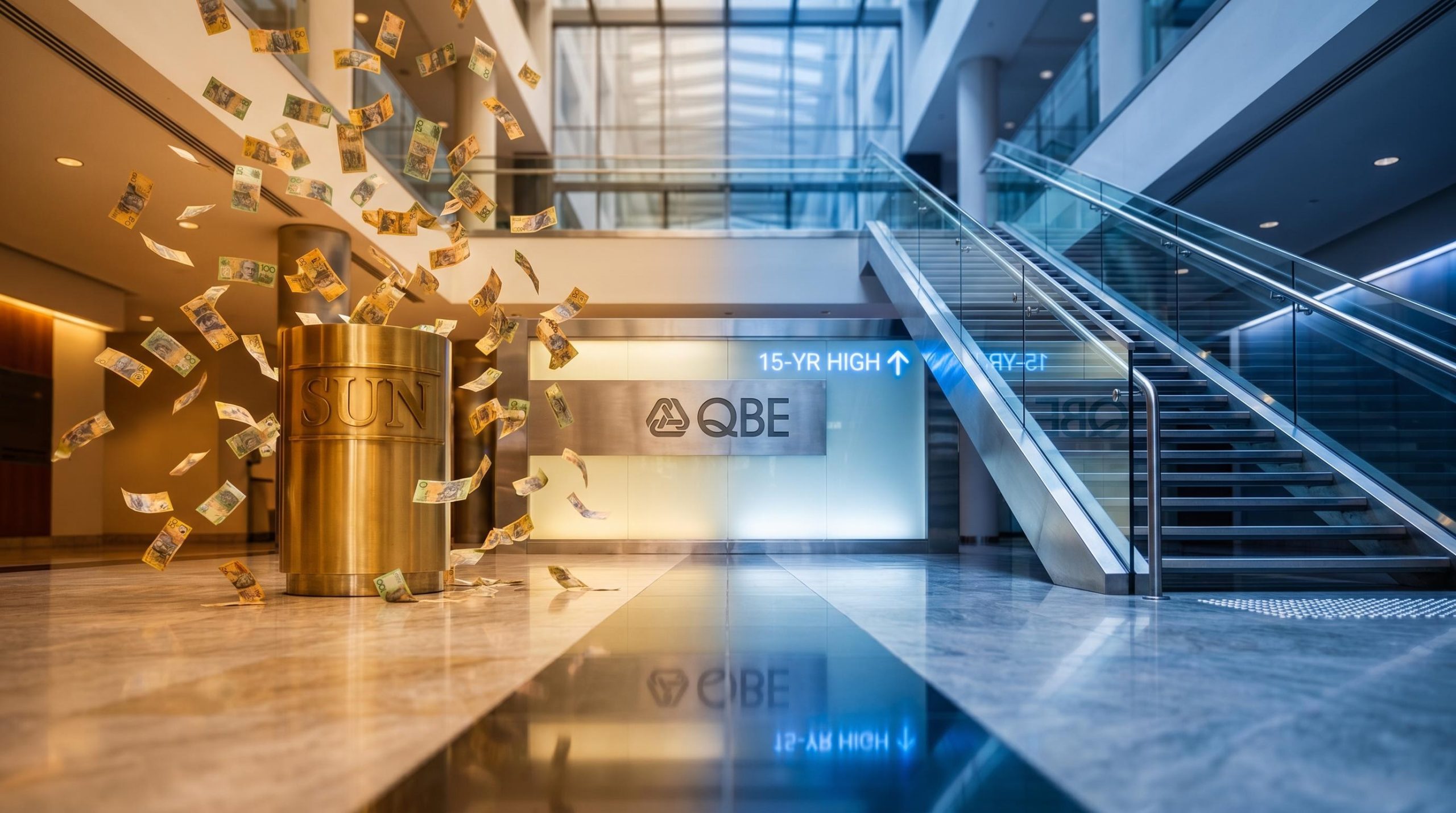 Suncorp vs QBE split-composition showing income yield and 15-year high growth paths for ASX insurance investors