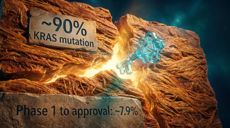 Surreal cross-section of PDAC tumour stroma cracked by molecular inhibitor, pancreatic cancer treatment probability data etched in