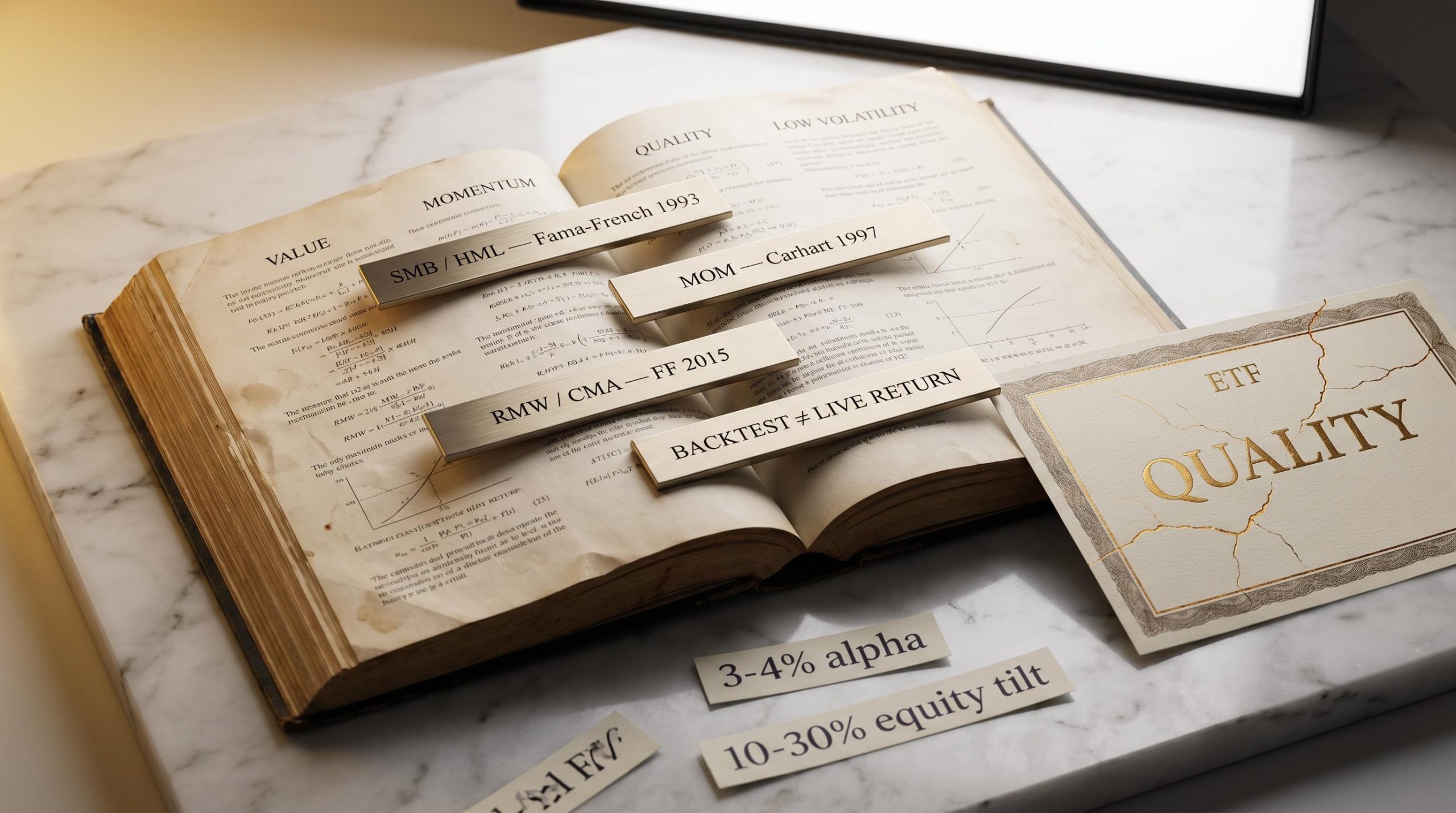 Metal factor-investing plaques labelled Value, Momentum and Quality rest on an open academic textbook, illustrating the gap between theory and ETF reality.