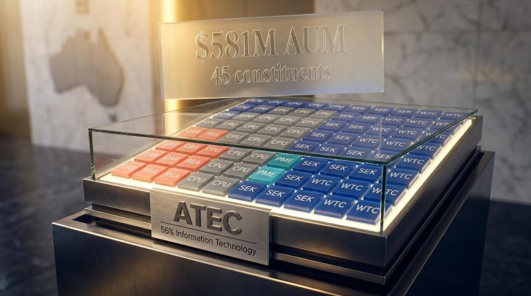 ATEC ETF display case showing 56% IT sector composition with CPU, REA, PME tiles and $581M AUM