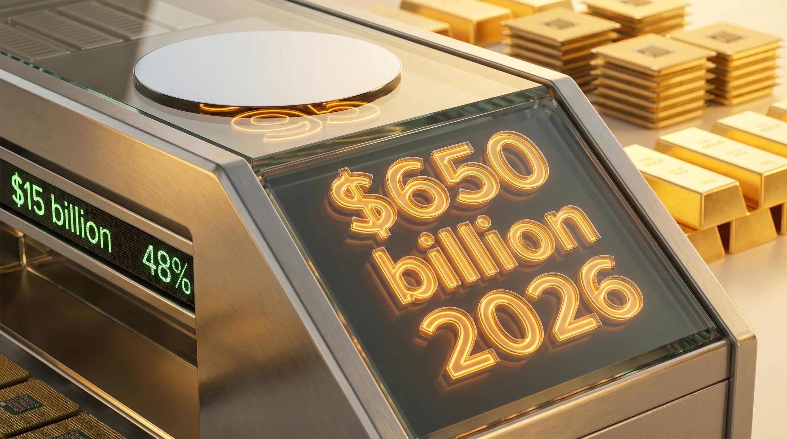 Glowing $650 billion and 2026 etched into a polished server chassis, highlighting hyperscaler AI capital expenditure.