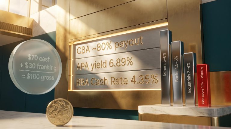ASX dividend investing framework showing franking credits, payout ratios, and RBA 4.35% cash rate on brass ticker board