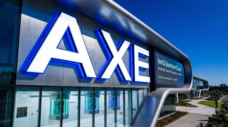 Modern building with axe sign