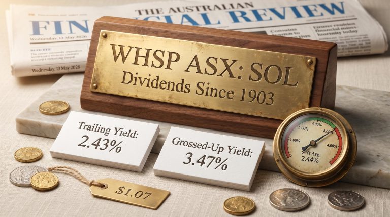 WHSP SOL brass plaque with dividend yield valuation figures 2.43% trailing and 3.47% grossed-up on stone surface