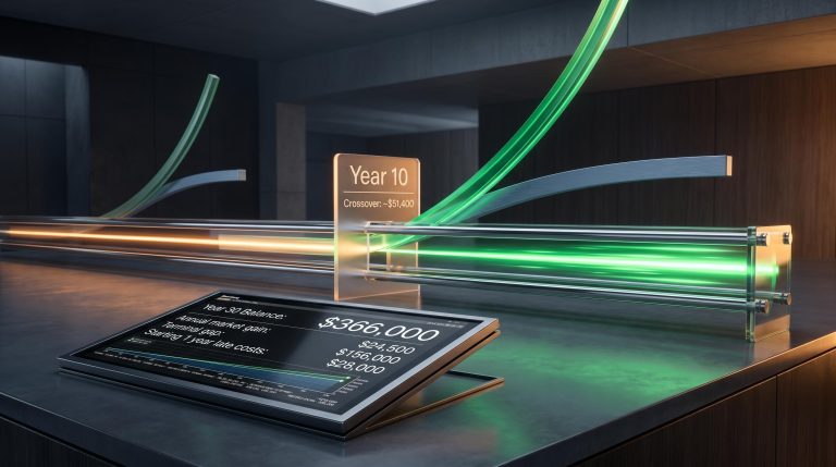 Diverging compounding arcs on a glowing timeline showing a $156,000 terminal gap — the most expensive investing mistakes