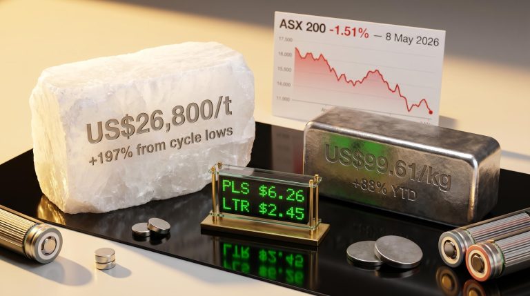 Lithium carbonate crystal and NdPr ingot with US$26,800/t and 197% recovery engraved, ASX lithium stocks ticker board