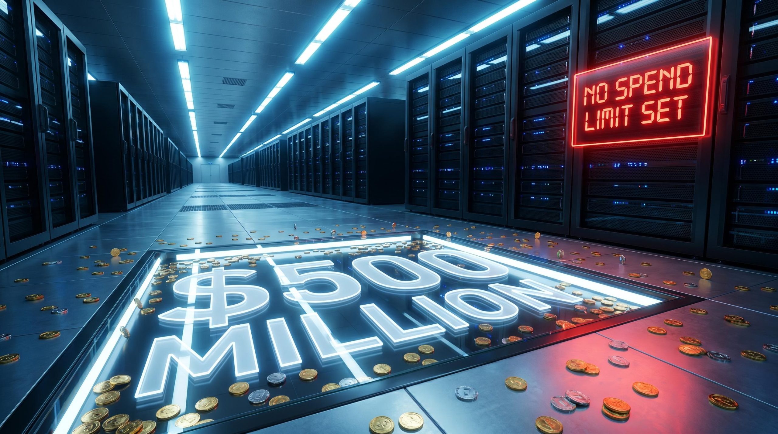 Glowing $500 million invoice embedded in a server room floor with scattered tokens and a red no-spend-limit alert panel