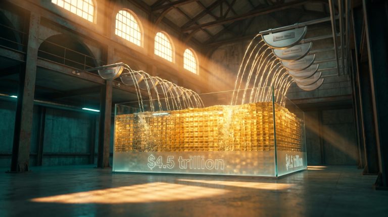 Surreal glass cistern collecting golden streams into unit-divided pool, illustrating how managed funds work with $4.5 trillion