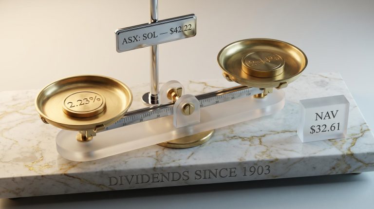 Precision brass analytical scale showing SOL ASX yield gap of 2.23% vs 2.44% five-year average on marble