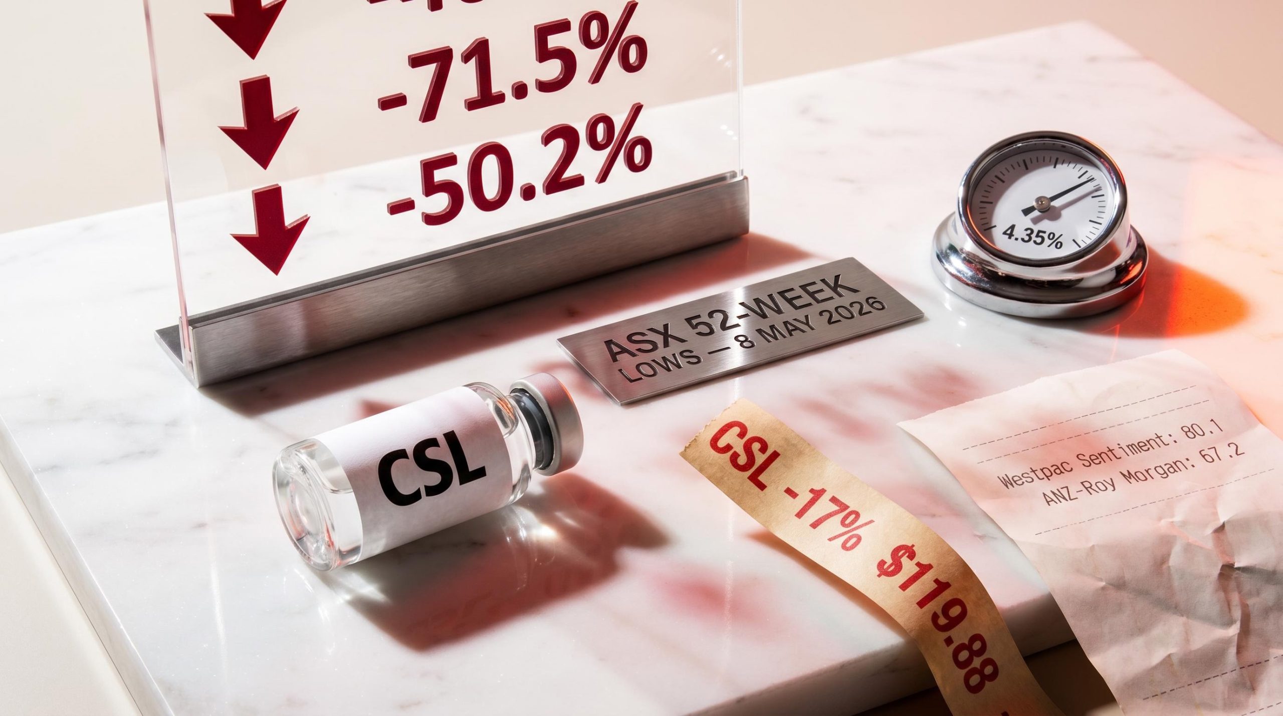 CSL vial and ASX 52-week low data board showing -17% drop and 4.35% RBA rate amid sector rout