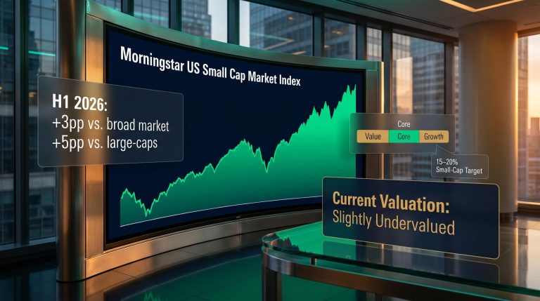 Small-cap index trading screen showing 5pp outperformance and slightly undervalued status for H2 2026 portfolio positioning