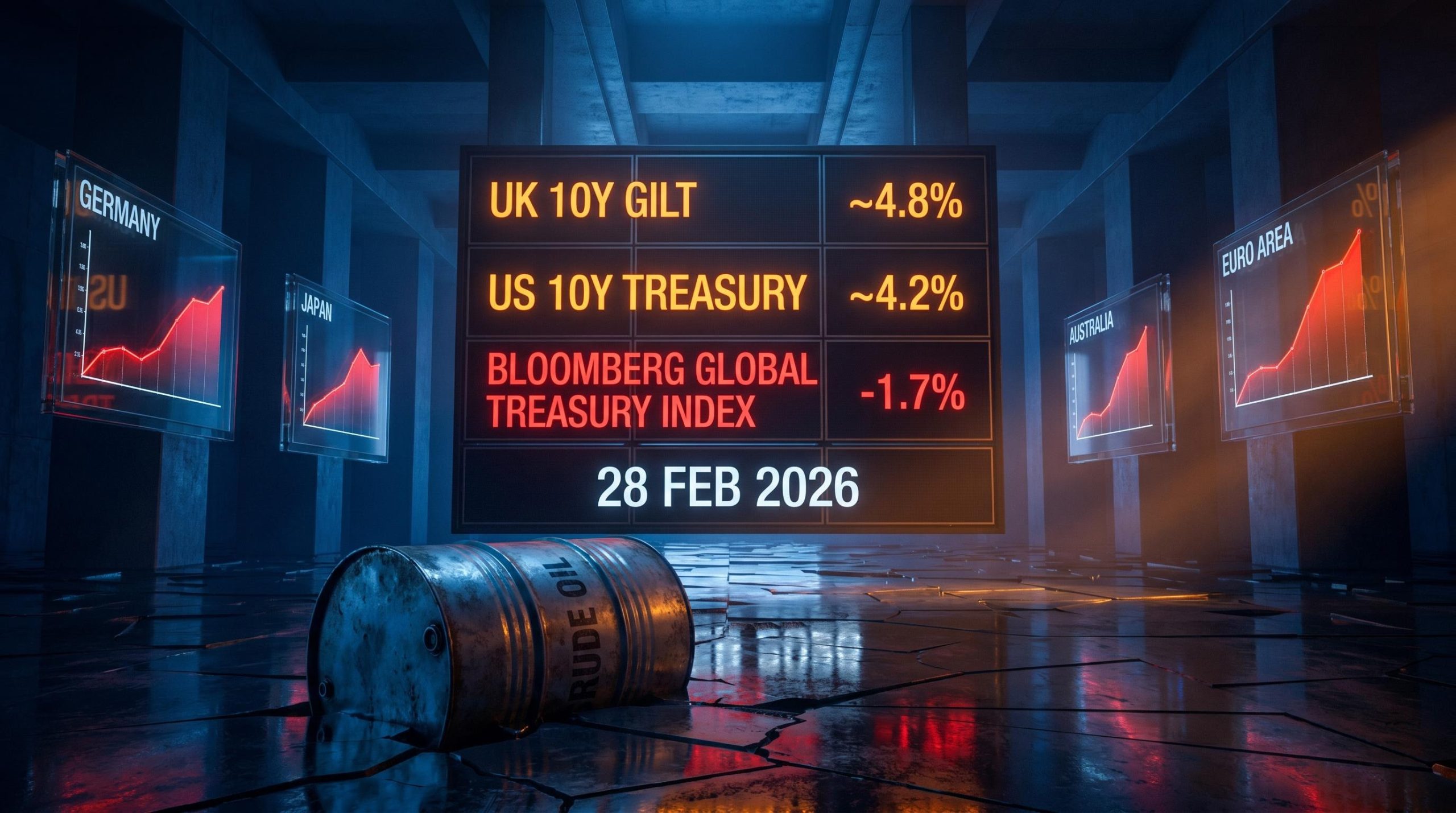 Synchronized global sovereign yield surge after 28 Feb 2026 Iran strikes shown across US, UK, and eurozone bond market screens