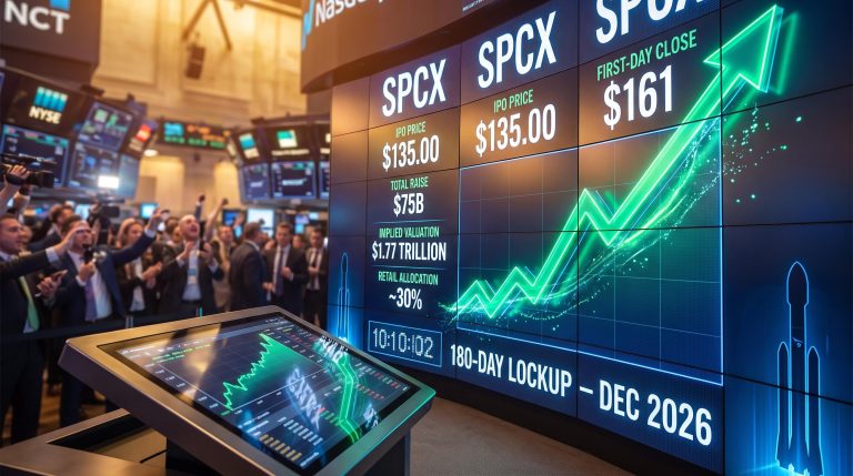 SpaceX SPCX IPO Nasdaq data wall showing $135 IPO price, $161 close, $75B raised and $1.77 trillion valuation