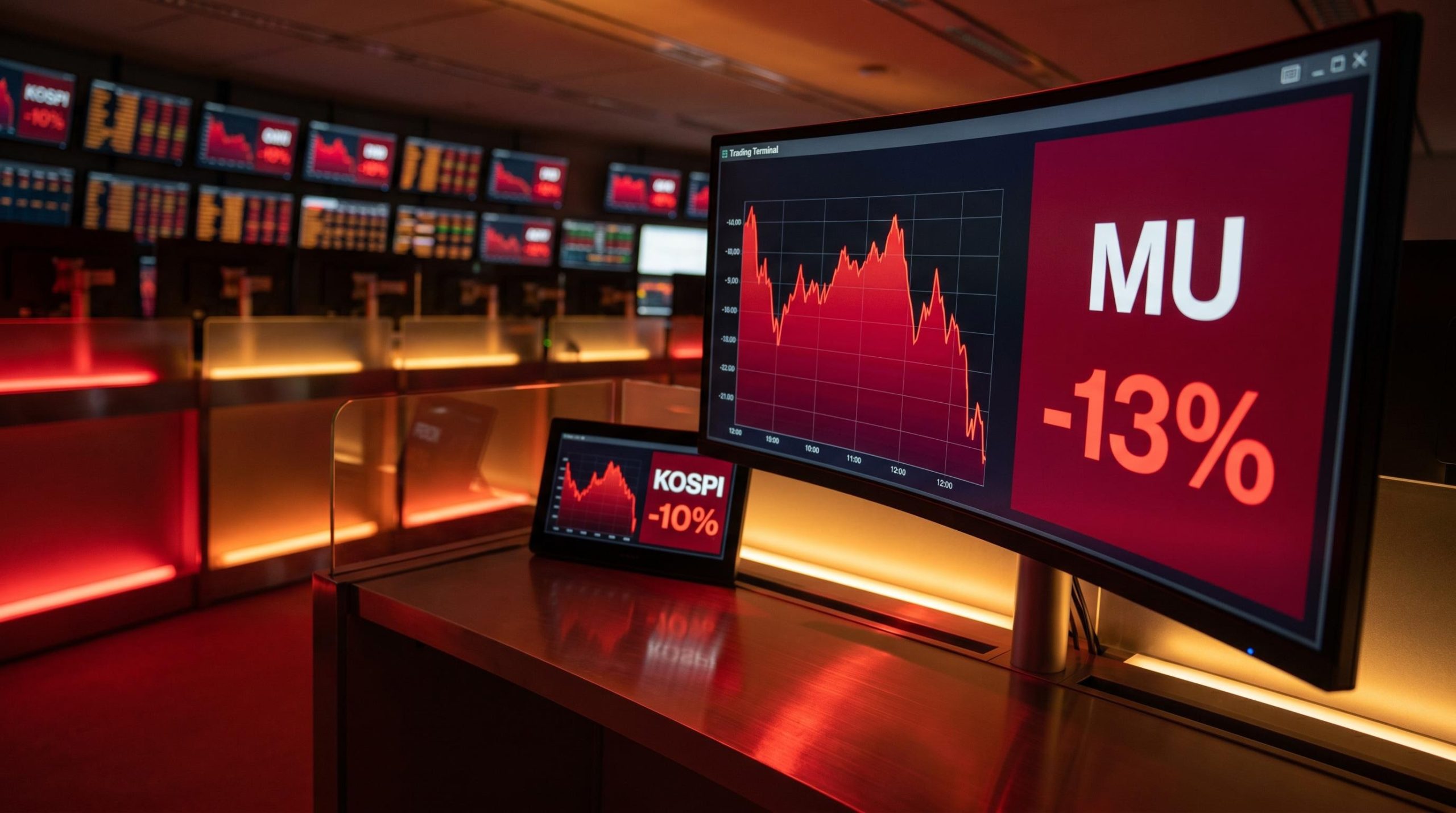 Micron MU ticker screen showing -13% amid KOSPI -10% during the AI semiconductor selloff