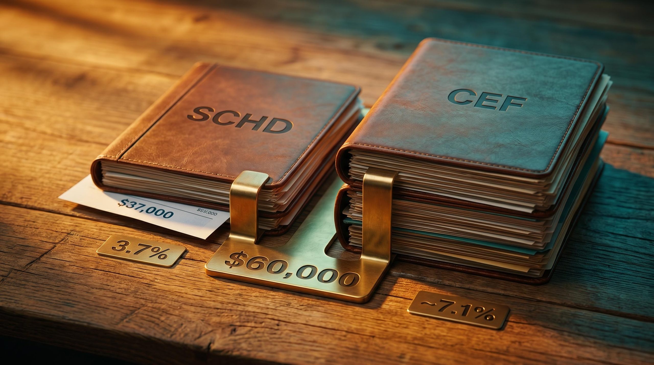 SCHD and CEF fund stacks merging into a $60,000 base plate illustrating a dividend retirement portfolio strategy