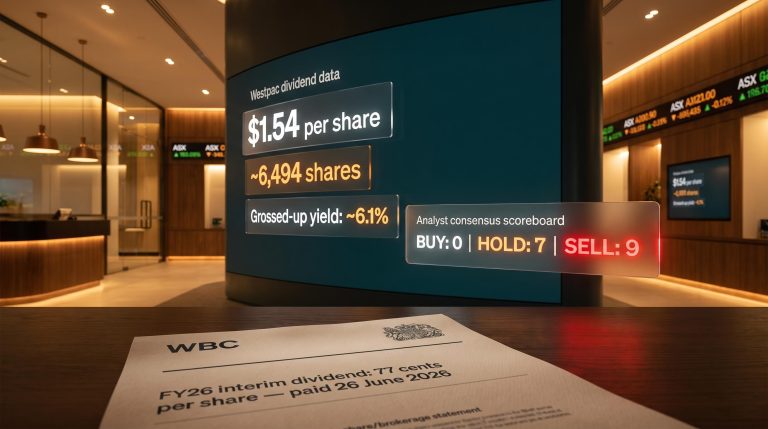 Westpac dividend income data showing 6,494 shares for $10,000 yield alongside analyst consensus of 9 sells, 0 buys
