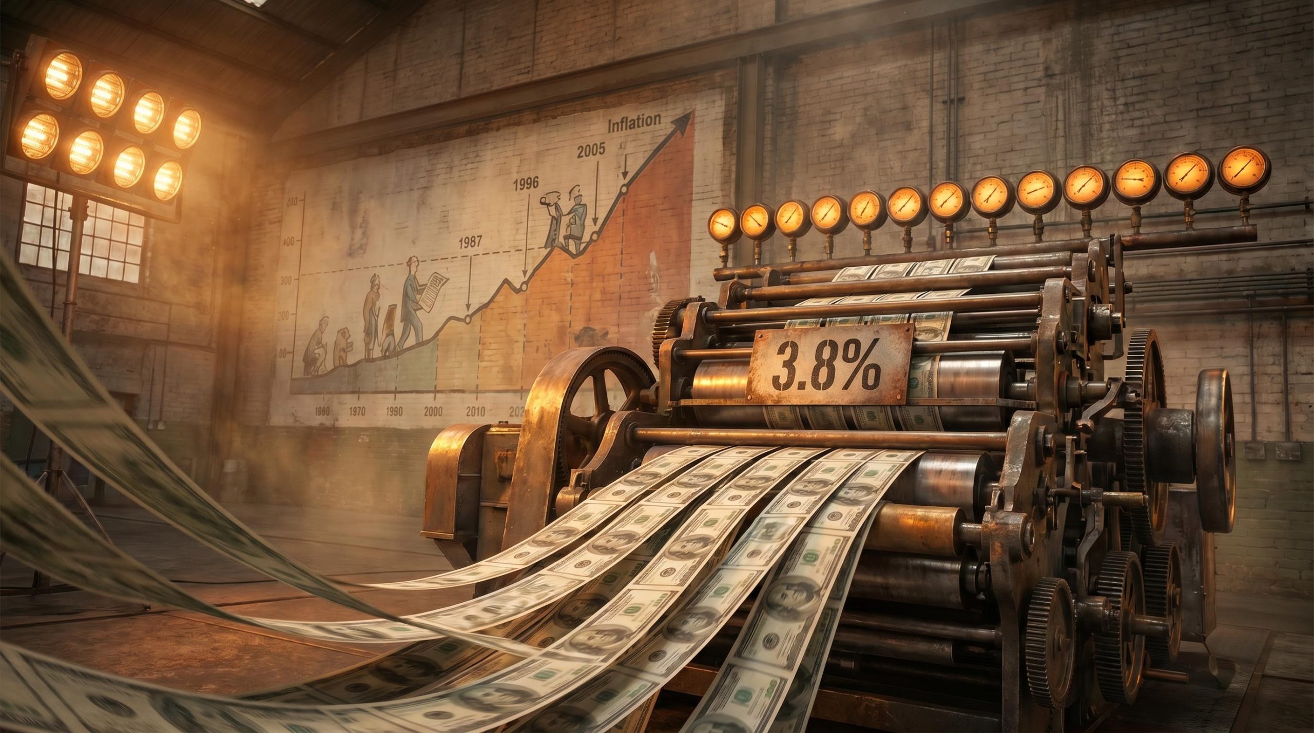 Industrial printing press with 13 amber gauges pinned at maximum, representing 13 structural forces driving persistent inflation at 3.8%