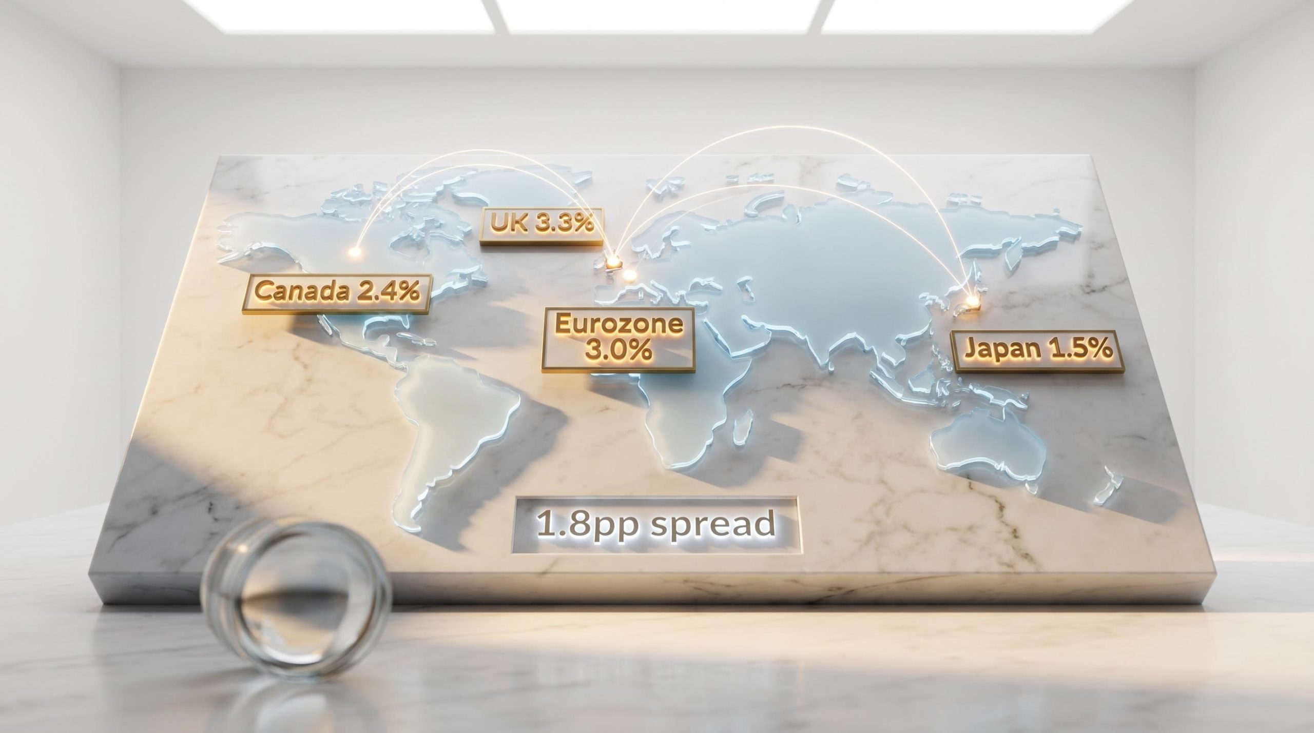 Four-economy inflation data panels on illuminated world map showing global inflation and investing divergence across UK, eurozone, Canada and Japan