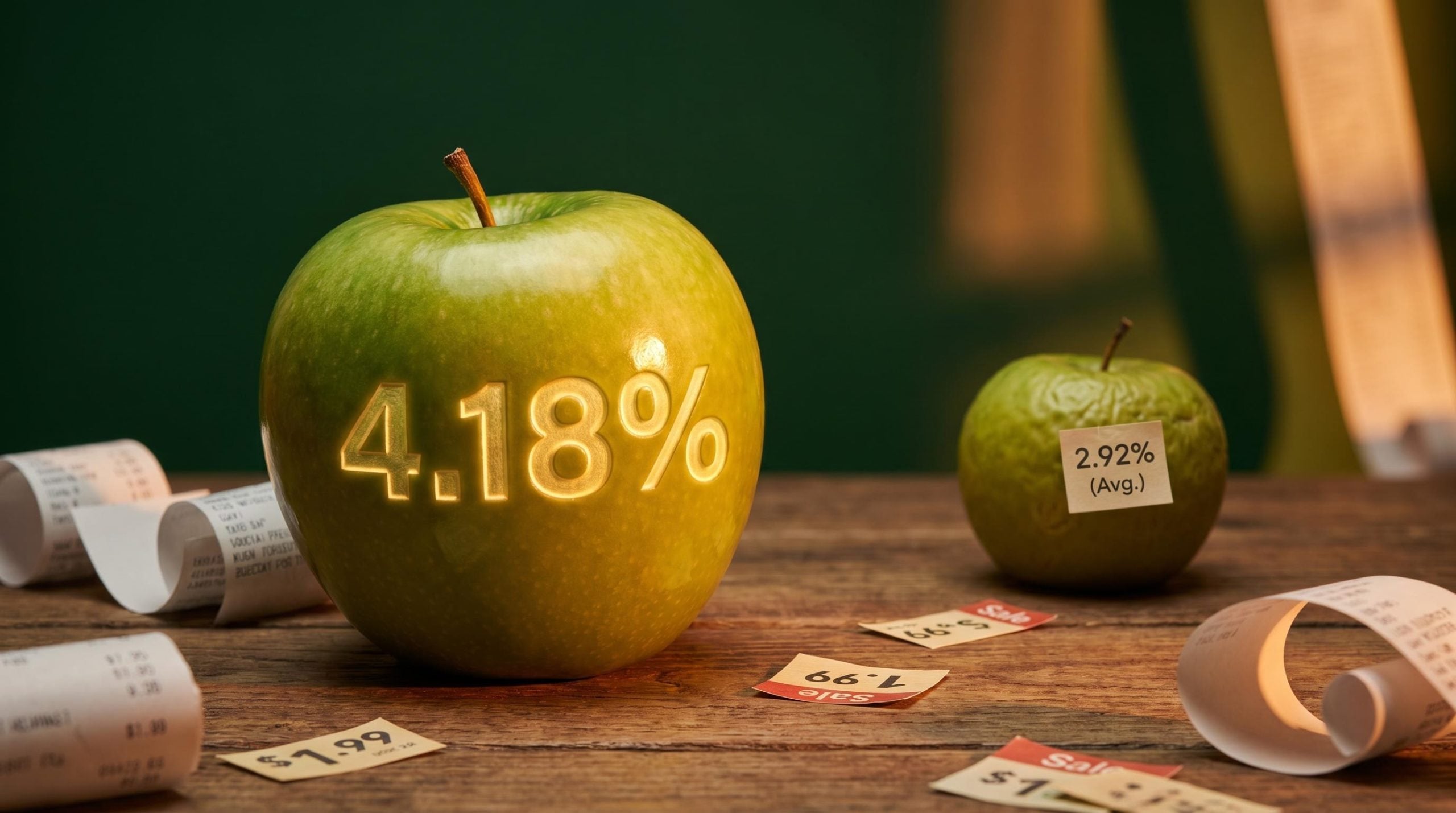Oversized apple etched with "4.18%" yield amid price tags signals Woolworths shares valuation scrutiny