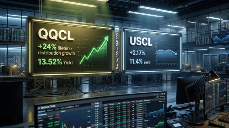 QQCL vs USCL side-by-side data panels showing 24% vs 2.17% lifetime distribution growth and yield gap