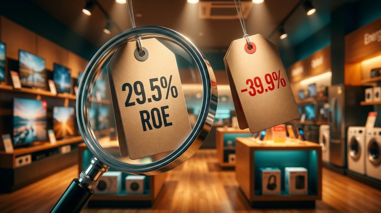 Magnifying glass over JB Hi-Fi price tags showing –39.9% share drop against 29.5% ROE in retail store setting