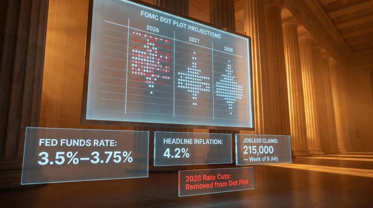 Fed dot plot panel shows 2026 rate cuts removed, with inflation at 4.2% and jobless claims at 215,000