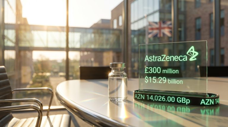 Digital display showing £300 million AstraZeneca UK investment and $15.29 billion Q1 revenue next to a glass medical vial.