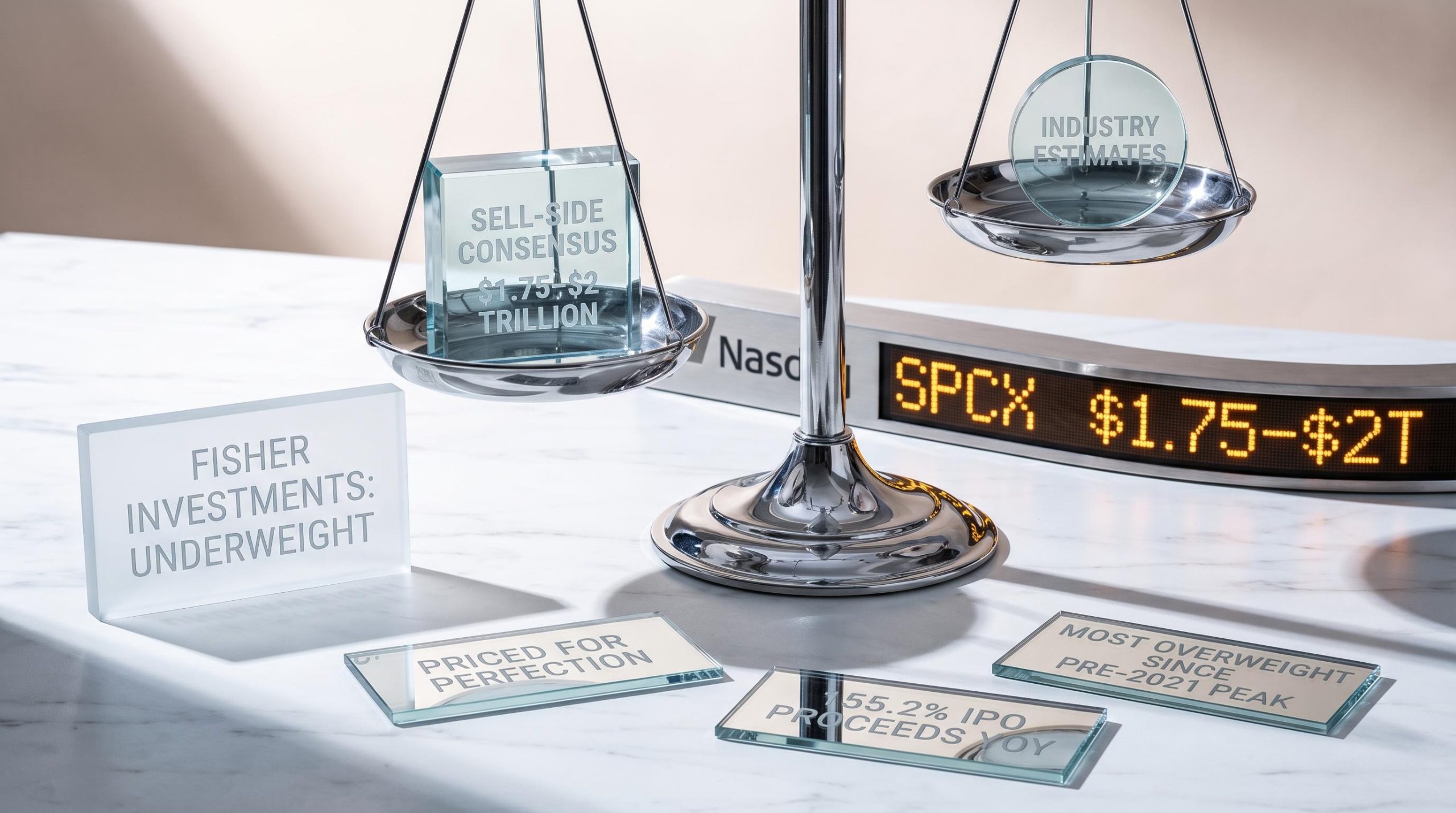 Chrome balance scale tipping under tech sector valuation pressure, Nasdaq SPCX ticker and Fisher Investments underweight signal displayed