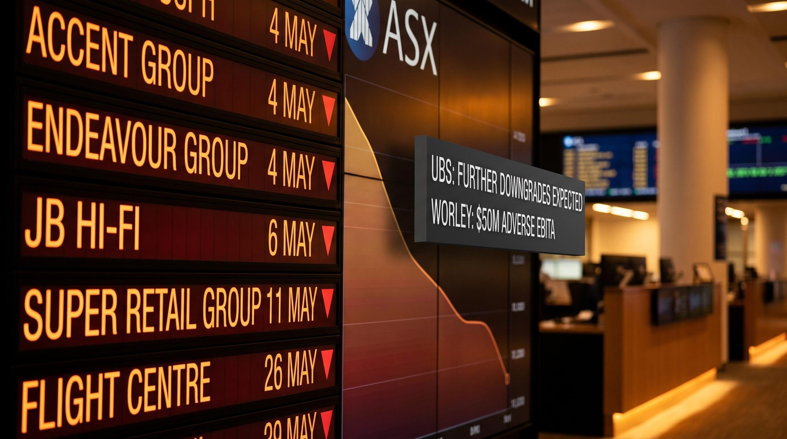 ASX trading terminal showing profit warning disclosures from five companies as UBS flags further downgrades in 2026 confession season
