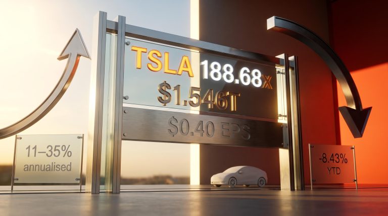 Tesla 188.68x forward P/E and $1.546T market cap displayed on architectural ticker board with bull-bear scenario split