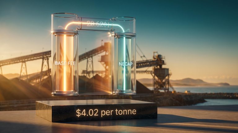 DBI TIC fee structure column with 28.62¢ distribution etched in glass above Dalrymple Bay terminal at golden hour