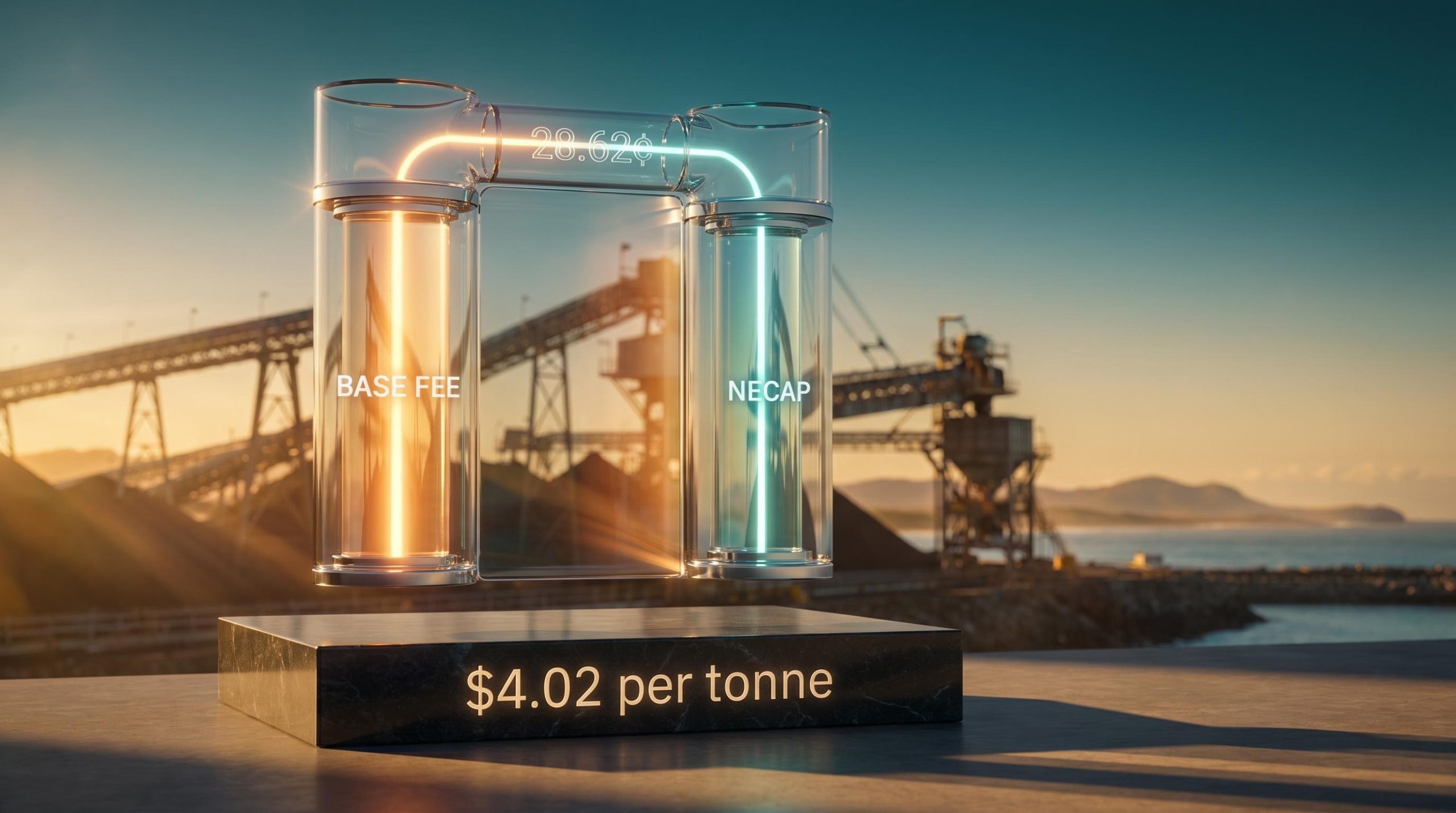 DBI TIC fee structure column with 28.62¢ distribution etched in glass above Dalrymple Bay terminal at golden hour