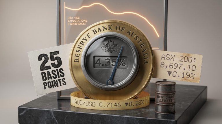 RBA rate hike to 4.35% on 5 May 2026 with ASX 200 and AUD/USD data on brass plaque