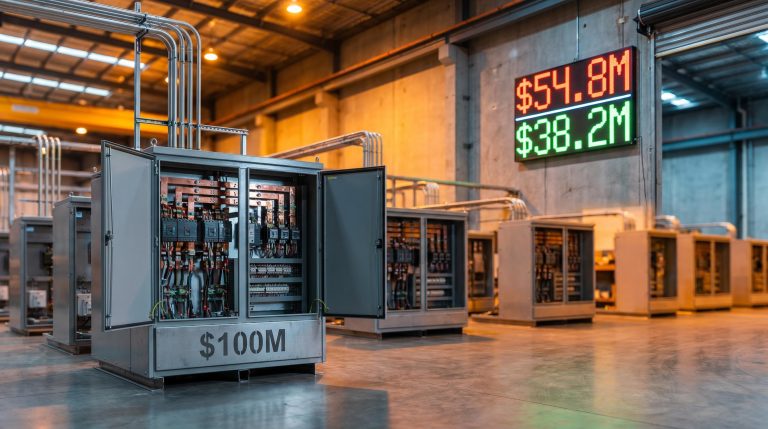 SXE switchboard manufacturing floor with $100M EBITDA target and EBITDA progression rendered on industrial panels