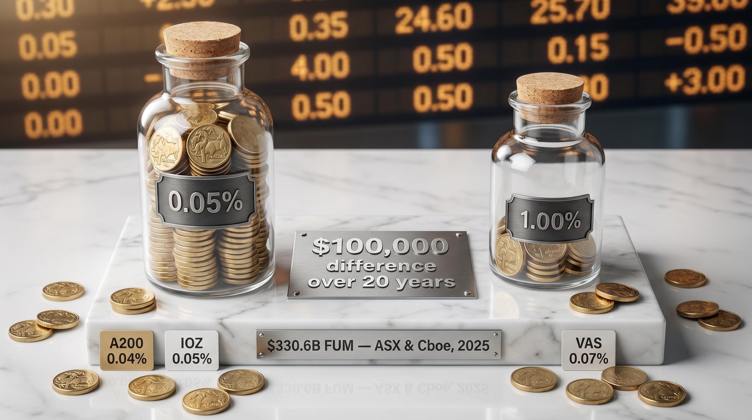 Two glass jars showing ETF fee impact — 0.05% vs 1.00% — illustrating how to choose an ETF wisely