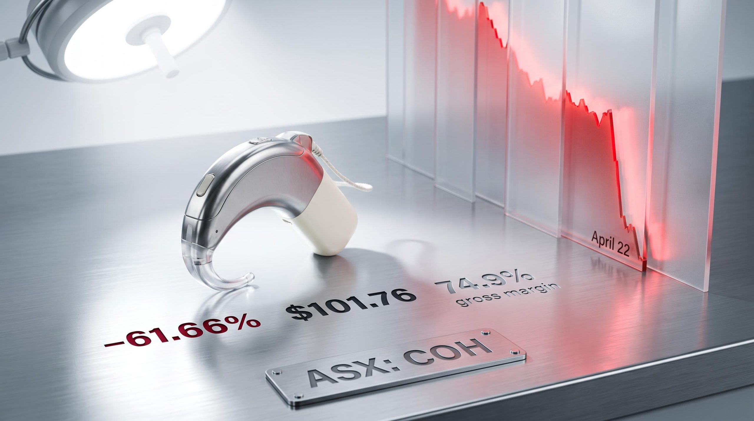 Cochlear implant on steel surface with COH share price drop of –61.66% and 74.9% gross margin etched alongside