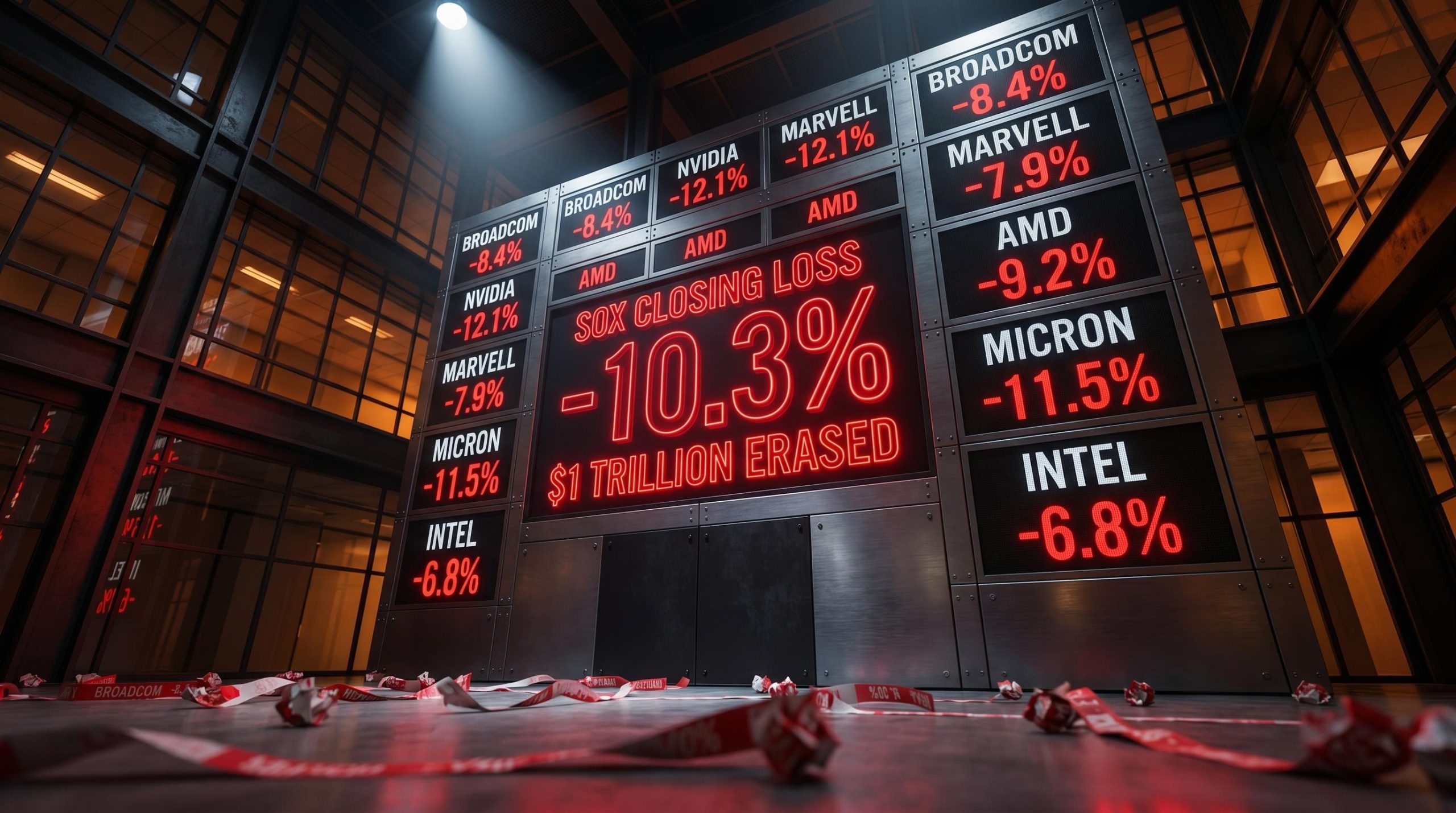 SOX index board showing -10.3% as semiconductor sector crash erases $1 trillion in a single session