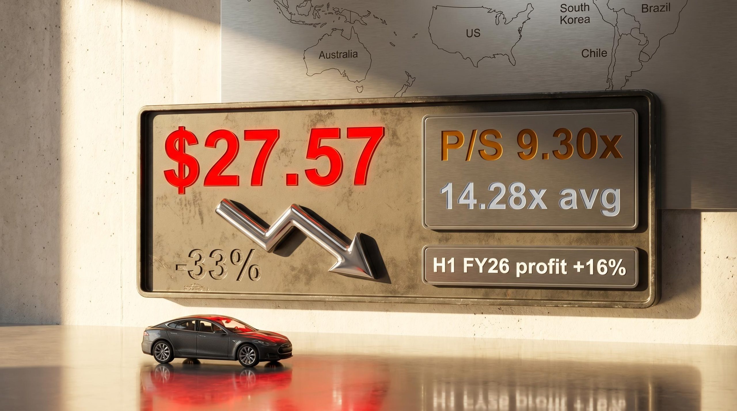 CAR Group share price at $27.57, down 33% from peak, with P/S ratio of 9.30x vs 14.28x historical average