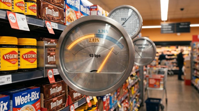 Steel yield gauge mounted in a Coles supermarket aisle showing 2.83% vs 3.76% historical average for dividend yield valuation