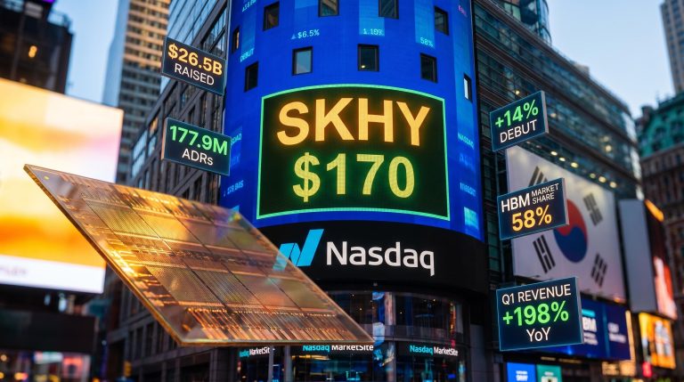 SK Hynix Nasdaq debut ticker SKHY at $170 with $26.5B raised and 58% HBM market share displayed