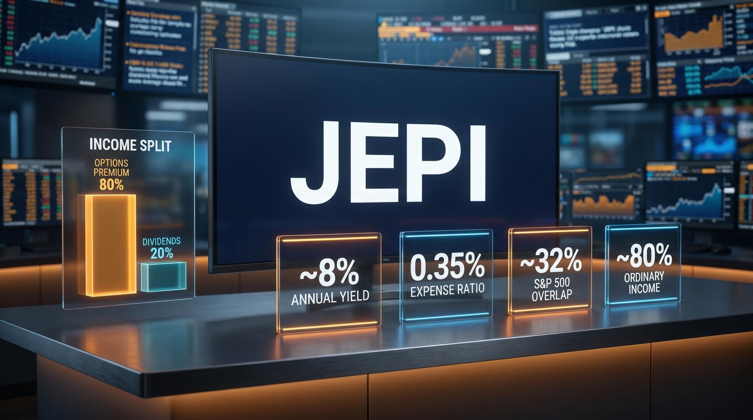 JEPI ETF trading screen showing 8% yield, 0.35% expense ratio, and 80% ordinary income data panels