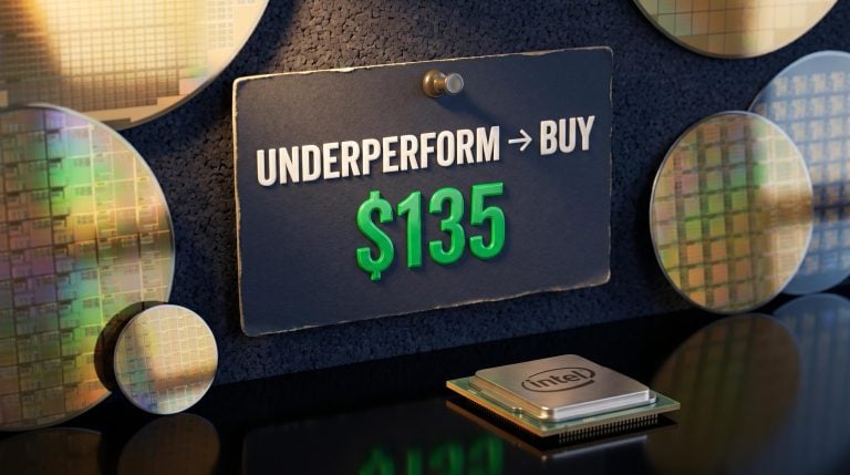 Intel chip beside a Buy rating card showing "$135" as Bank of America issues rare double-upgrade from Underperform