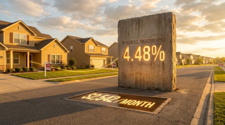 Giant Treasury bond slab showing 4.48% yield on a sunlit suburban street linking to $2,542 mortgage payment