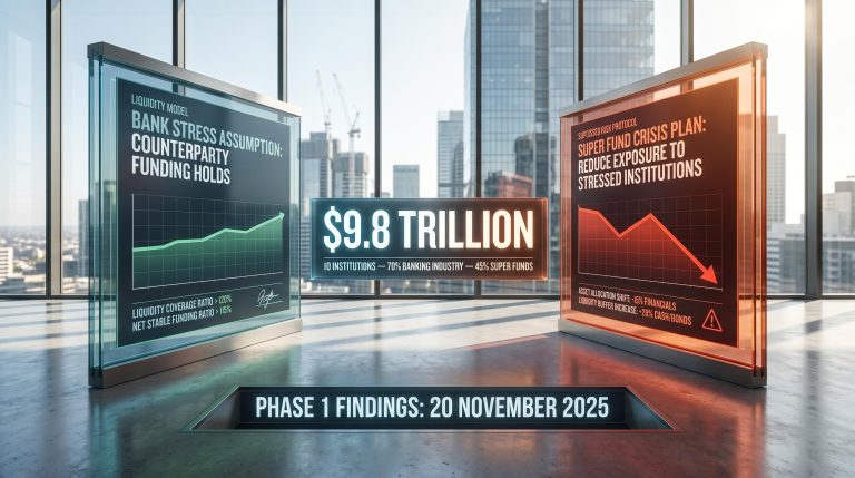 APRA stress test data panels showing bank and super fund crisis plan contradictions with $9.8 trillion asset figure