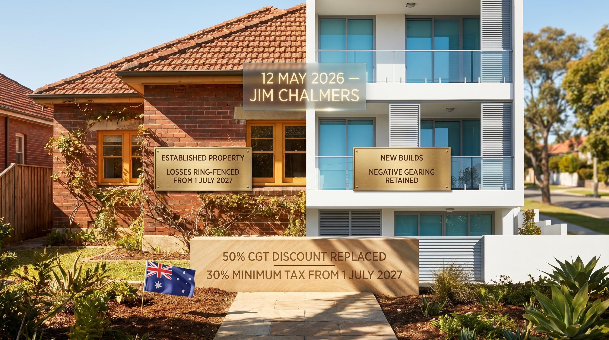 Split Australian property facade illustrating negative gearing changes from 1 July 2027 under Jim Chalmers' budget