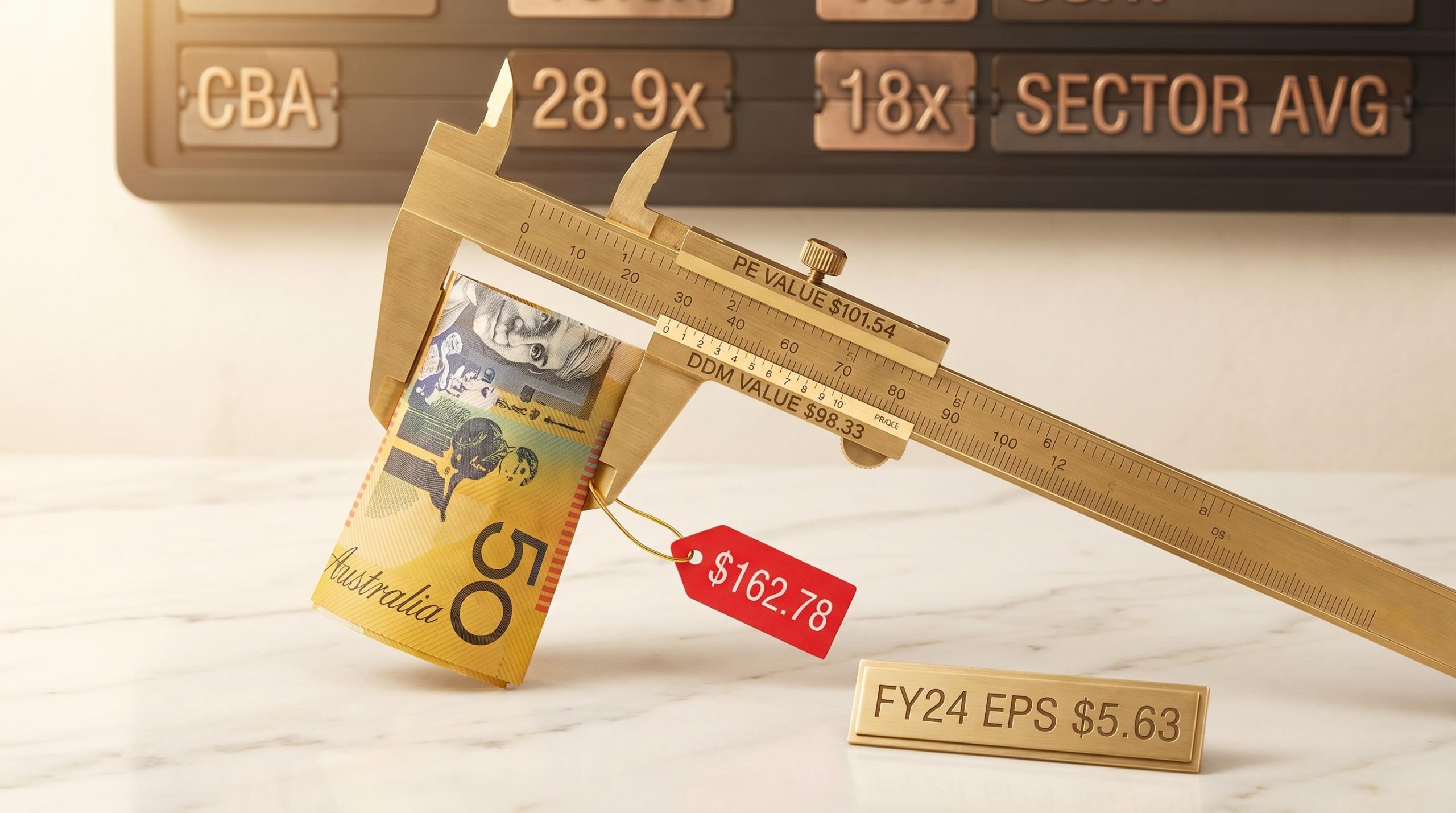 Brass precision caliper measuring a banknote labelled $162.78 against engraved values of $101.54 and $98.33 — how to value bank stocks