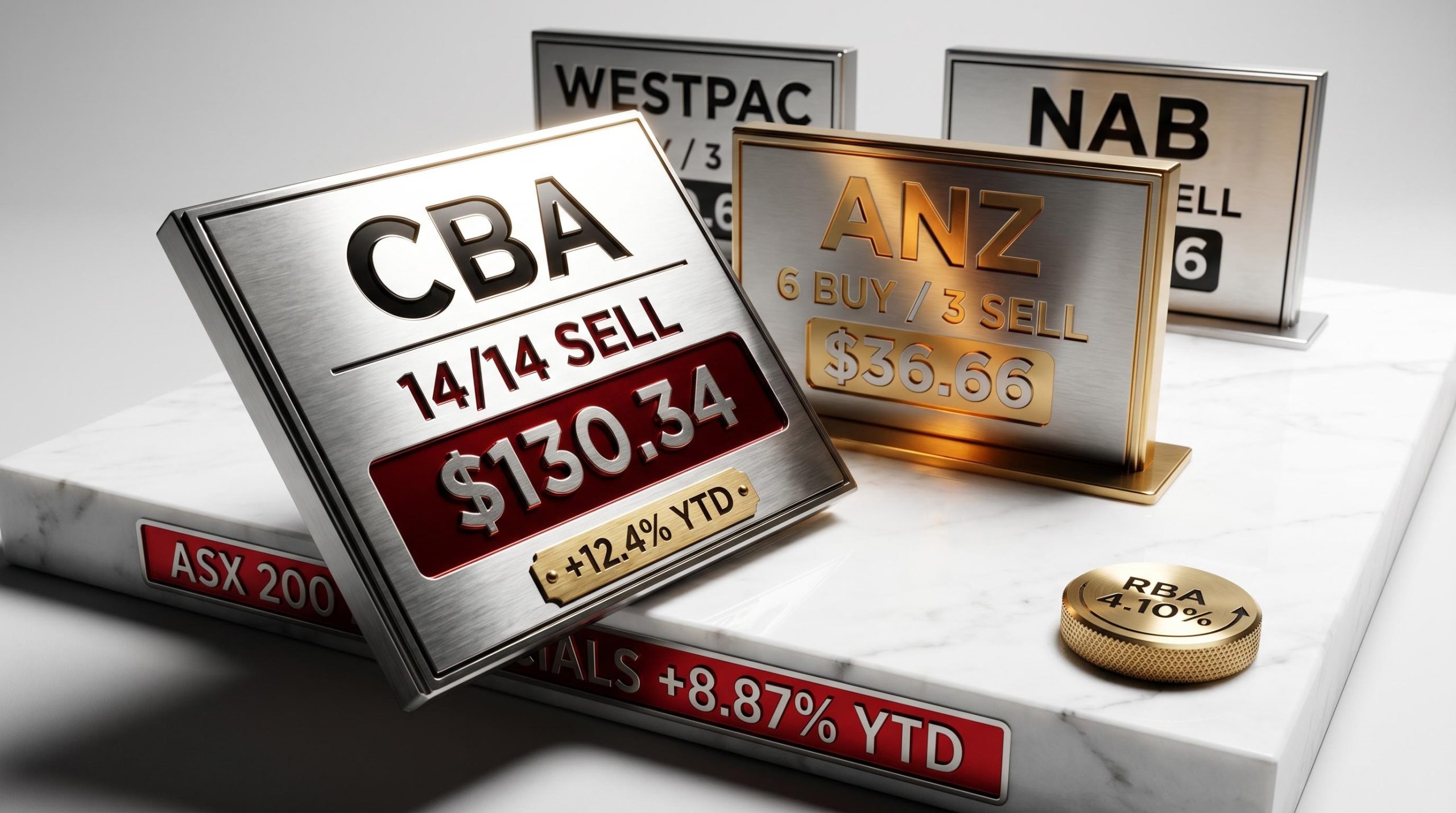 CBA sell consensus plaque and Big Four ASX bank shares analyst ratings on marble, RBA rate 4.10%