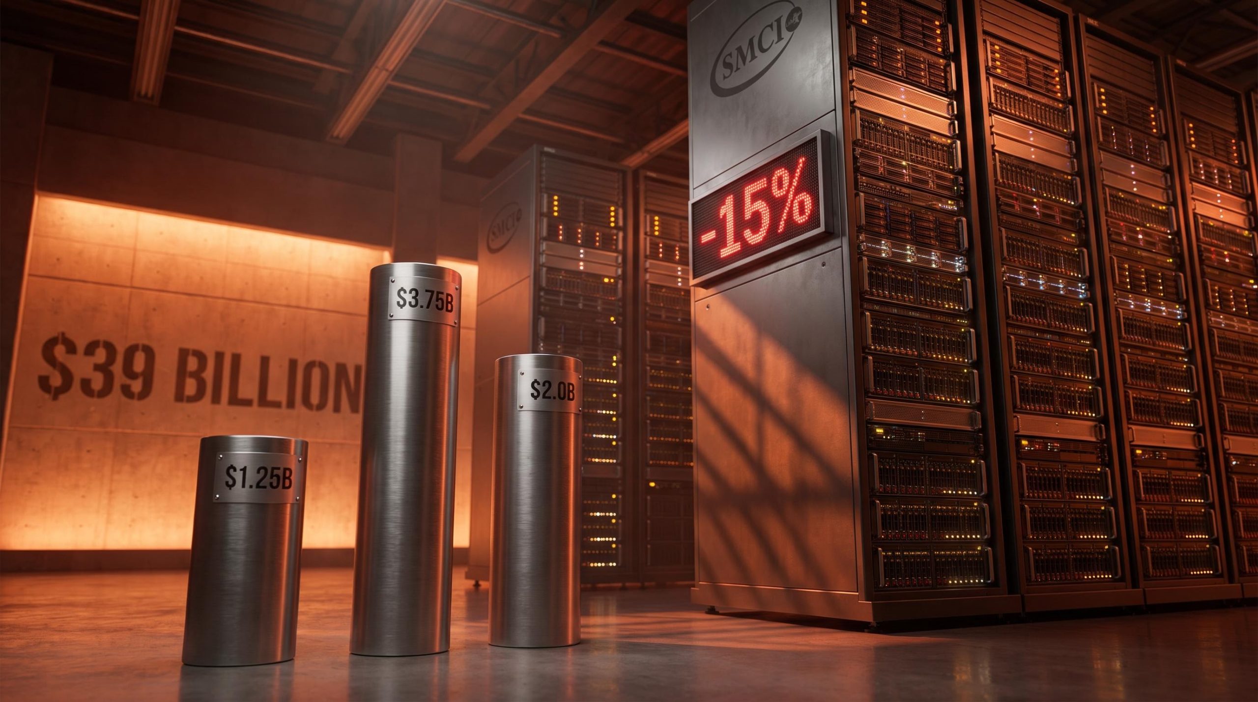 SMCI server racks with three dilution pillars and a -15% LED display illustrating the $7 billion capital raise impact