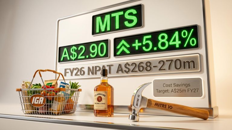 Metcash MTS share price board showing 5.84% gain and FY26 NPAT guidance of A$268-270m